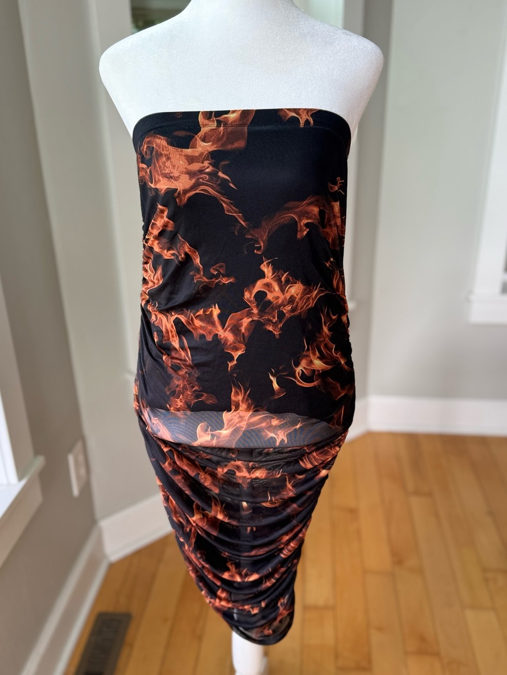 Vintage Y2K Forever 21 Sheer Mesh Asymmetrical Tube Top Orange Black Fire Print